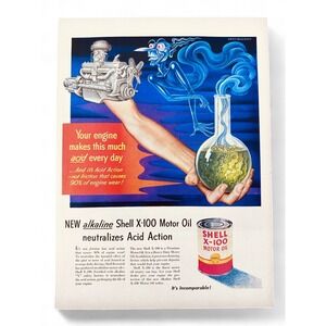 1951 Shell Motor Oil Print Ad Acid Action Ghost Flask Engine Wear MCM Ephemera